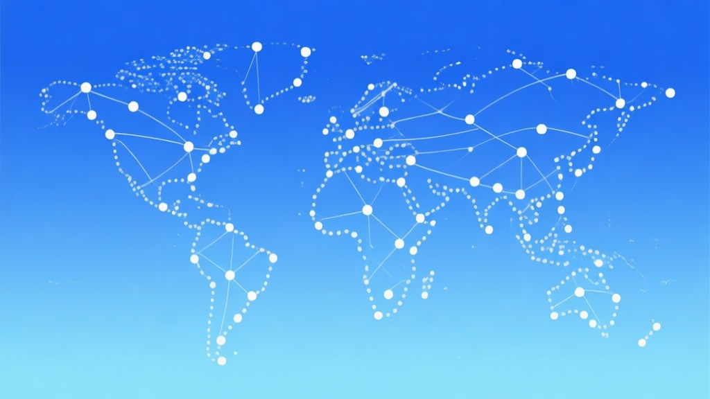 Abstract world map composed of connected dots and lines over a gradient blue background, minimalist design, symbolizing global connectivity and geography learning high quality illustration, detailed, 16:9