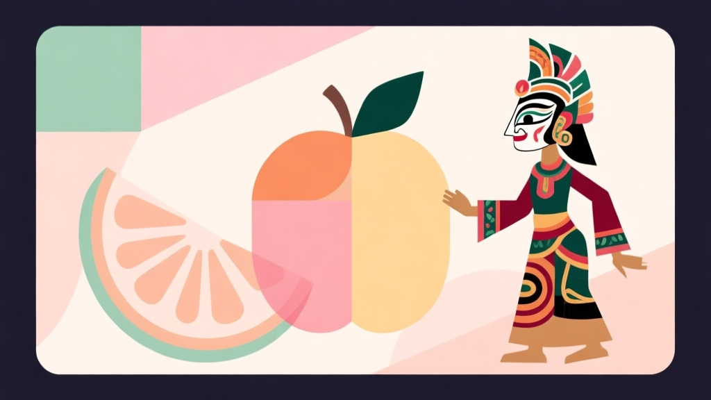 Abstract geometric composition with overlapping shapes representing fruit and traditional wayang puppet motifs, soft pastel colors, modern minimal style, professional game collaboration concept illustration high quality illustration, detailed, 16:9
