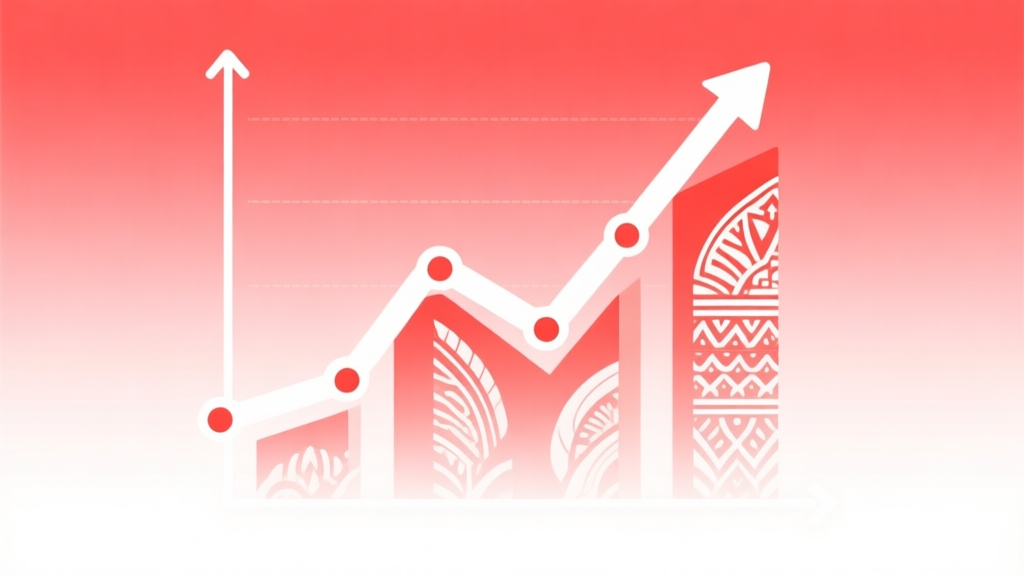 Abstract upward trending graph with stylized Indonesian cultural motifs integrated into the data points, soft gradient background of red and white, clean minimal design, professional infographic style high quality illustration, detailed, 16:9