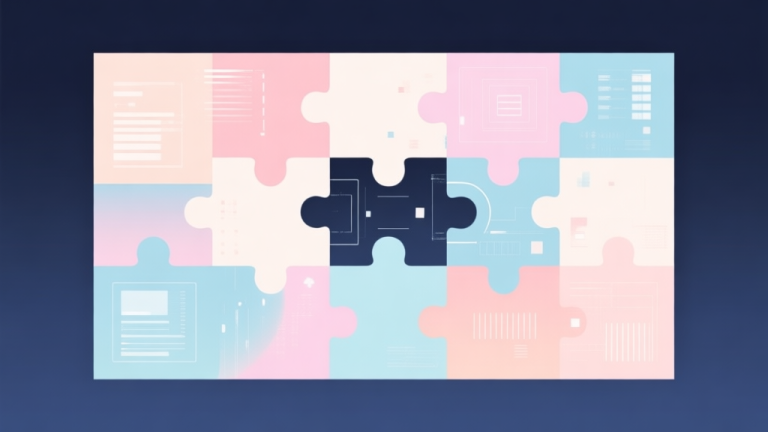 自动生成图片: Abstract geometric composition with overlapping puzzle pieces and digital elements, soft pastel colors, modern minimal style, representing digital puzzle evolution high quality illustration, detailed, 16:9