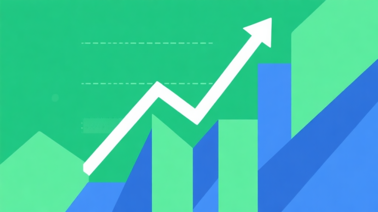自动生成图片: Upward trending graph with simple geometric elements, green and blue color palette, clean business infographic style, minimal design, representing game market growth high quality illustration, detailed, 16:9