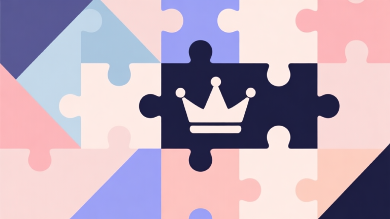 自动生成图片: Abstract geometric composition with overlapping puzzle pieces and crown icon, soft pastel colors, modern minimal style, professional gaming concept illustration high quality illustration, detailed, 16:9