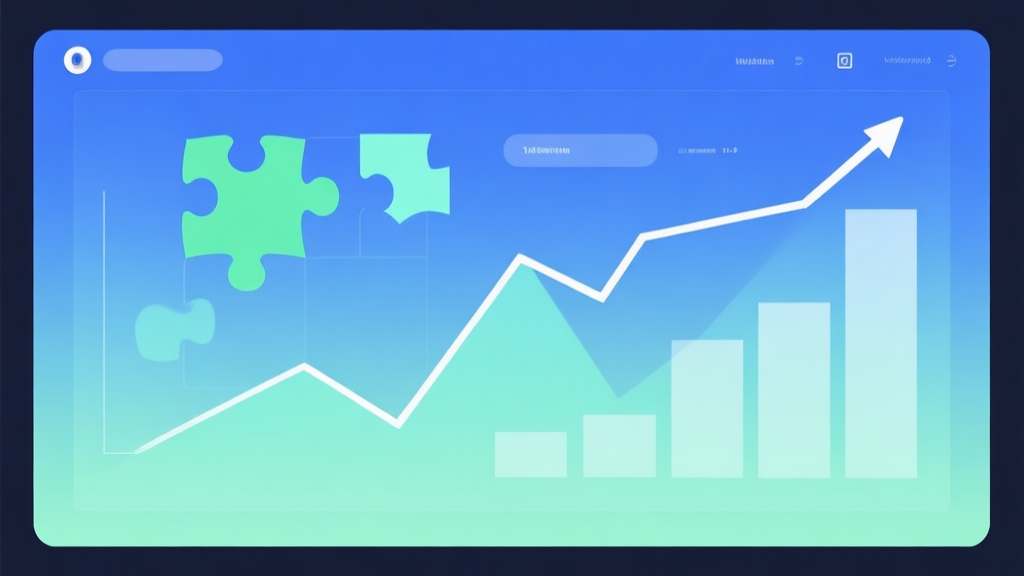 Minimalist business dashboard with abstract data visualization showing an upward trend line, soft gradient background in blue and green, professional color scheme, clean geometric shapes representing puzzle pieces and growth charts high quality illustration, detailed, 16:9