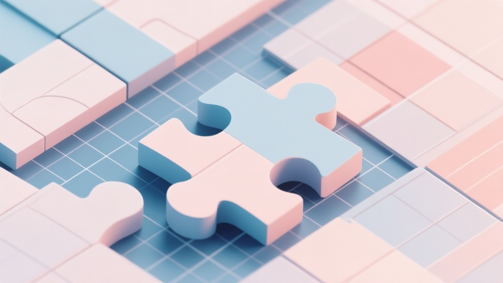 Abstract geometric composition with overlapping puzzle blocks and grid, soft pastel colors, modern minimal style, professional data visualization concept high quality illustration, detailed, 16:9