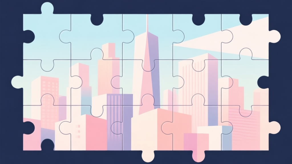 Abstract geometric composition with overlapping puzzle pieces forming a city skyline, soft pastel colors, modern minimal style, digital leisure concept illustration high quality illustration, detailed, 16:9