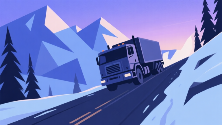 自动生成图片: A stylized, minimalist illustration of a heavy-duty truck on a snowy mountain road, viewed from a dynamic low angle. The scene is at dusk with a cool blue and purple color palette, featuring abstract geometric shapes for mountains and pine trees, clean lines, and a sense of challenging adventure. high quality illustration, detailed, 16:9
