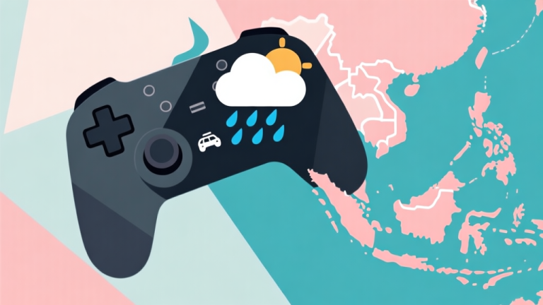 自动生成图片: Abstract geometric composition showing a game controller merging with realistic weather icons (rain, road) and a map of Indonesia, soft pastel colors, modern minimal style, professional gaming trend concept illustration high quality illustration, detailed, 16:9