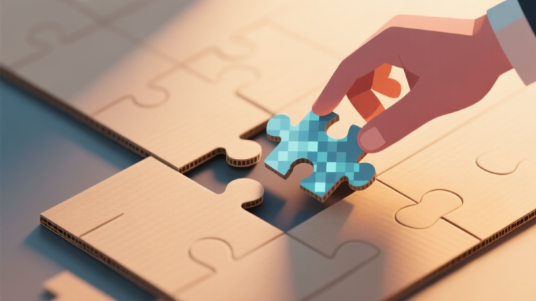 自动生成图片: Abstract geometric composition showing a hand placing the final puzzle piece, blending digital pixels and physical cardboard texture, soft warm lighting, minimalist style, sense of achievement high quality illustration, detailed, 16:9