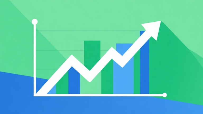 自动生成图片: Upward trending graph with simple geometric elements, green and blue color palette, clean business infographic style, minimal design, representing market growth high quality illustration, detailed, 16:9