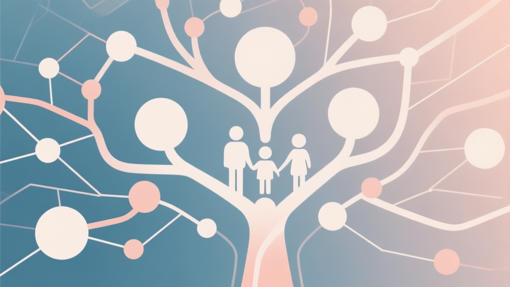 Abstract network nodes connected by lines, soft color scheme, clean minimal illustration, modern digital concept of family tree and legacy high quality illustration, detailed, 16:9