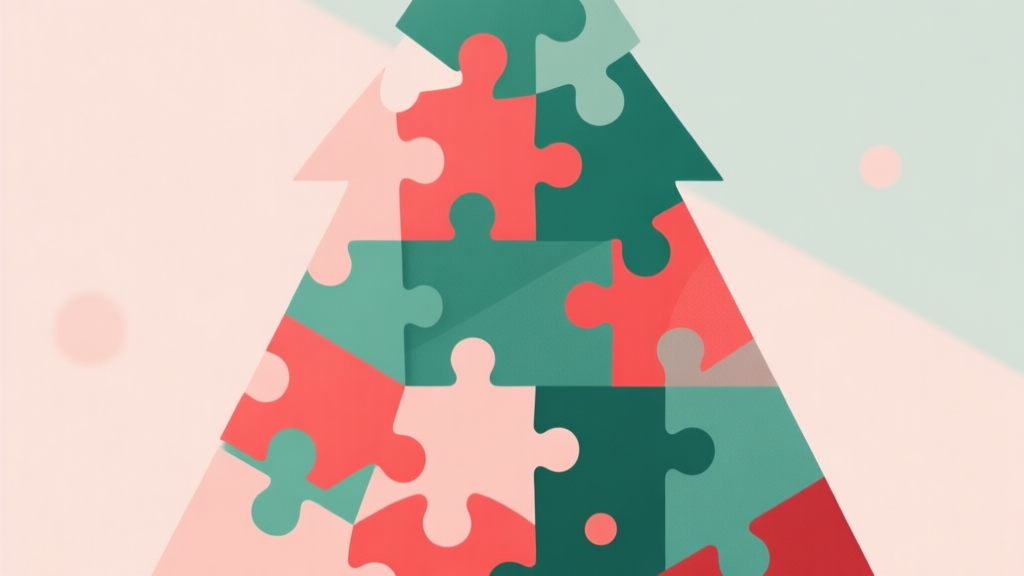 Abstract geometric composition with overlapping puzzle pieces forming a Christmas tree shape, soft pastel colors with red and green accents, modern minimal style, professional digital concept illustration high quality illustration, detailed, 16:9