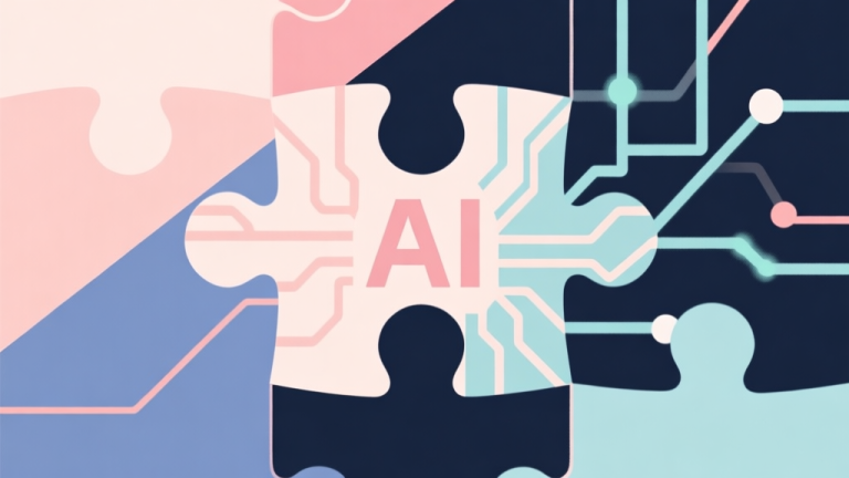 自动生成图片: Abstract geometric composition showing a traditional jigsaw puzzle piece merging with digital AI neural network lines, soft pastel colors, modern minimal style, representing the fusion of classic gameplay and new technology high quality illustration, detailed, 16:9