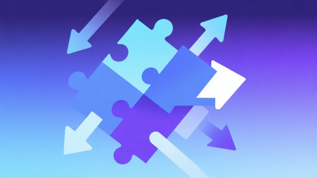 Abstract geometric composition with overlapping puzzle pieces and dynamic arrows, soft gradient background of blue and purple, modern minimal style, professional game design concept illustration high quality illustration, detailed, 16:9