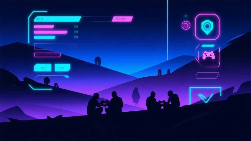 Abstract dark-themed digital landscape with glowing neon UI elements, silhouettes of gamers, dark blue and purple gradient, minimalist game concept illustration high quality illustration, detailed, 16:9