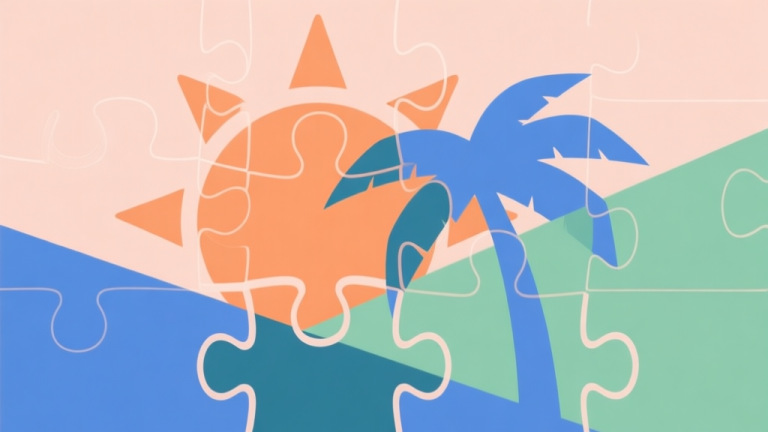 自动生成图片: Abstract geometric composition with overlapping puzzle pieces forming a sun and palm tree silhouette, soft pastel colors of orange, blue and green, modern minimal style, professional digital concept illustration high quality illustration, detailed, 16:9