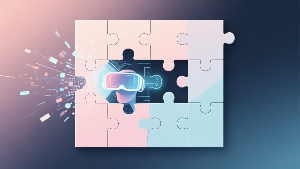 Abstract geometric composition showing a traditional jigsaw puzzle transforming into digital particles and augmented reality elements, soft pastel colors, modern minimal style, technology evolution concept high quality illustration, detailed, 16:9