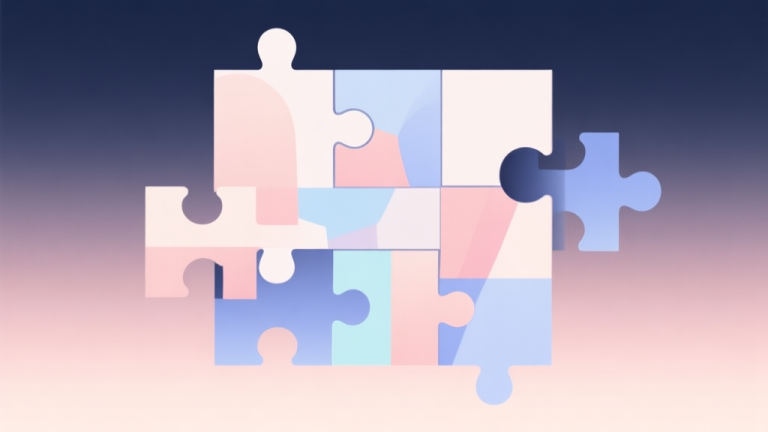 自动生成图片: Abstract geometric composition with overlapping puzzle pieces forming a digital image, soft pastel colors, modern minimal style, professional digital art concept illustration high quality illustration, detailed, 16:9