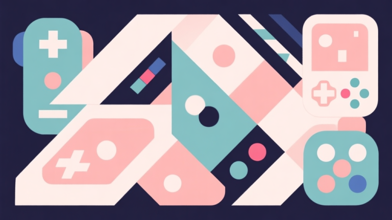 自动生成图片: Abstract geometric composition with overlapping shapes representing classic and modern games, soft pastel colors, modern minimal style, professional gaming trend concept illustration high quality illustration, detailed, 16:9