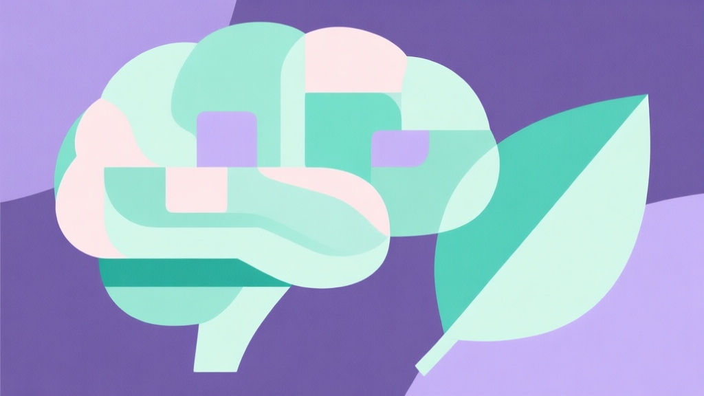 Abstract geometric composition with overlapping shapes forming a brain and a leaf, soft pastel colors like mint green and lavender, modern minimal style, representing calmness and intellectual puzzle solving high quality illustration, detailed, 16:9