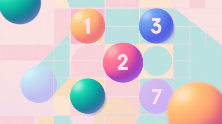 自动生成图片: Abstract geometric composition with overlapping colorful number balls and grid, soft pastel colors, modern minimal style, professional game concept illustration high quality illustration, detailed, 16:9