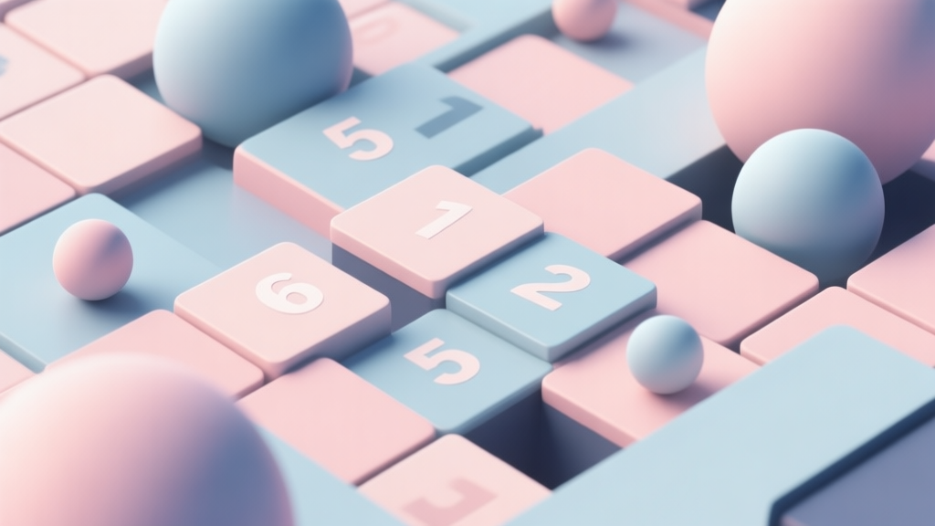 Abstract geometric composition with overlapping numbered tiles and spheres, soft pastel colors, modern minimal style, professional game concept illustration high quality illustration, detailed, 16:9