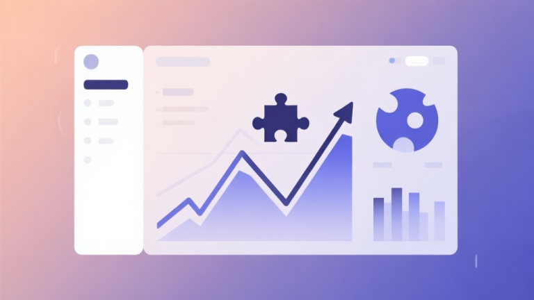 自动生成图片: Minimalist business dashboard with abstract data visualization showing upward trend lines and puzzle piece icons, soft gradient background, professional color scheme, clean geometric shapes, flat design style high quality illustration, detailed, 16:9