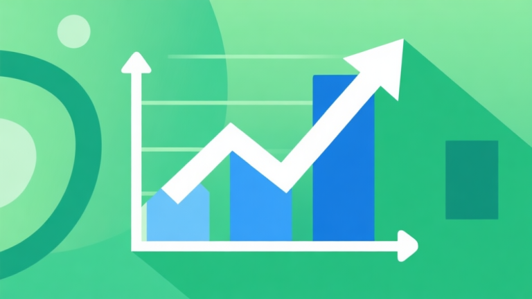 自动生成图片: Upward trending graph with simple geometric elements, green and blue color palette, clean business infographic style, minimal design high quality illustration, detailed, 16:9
