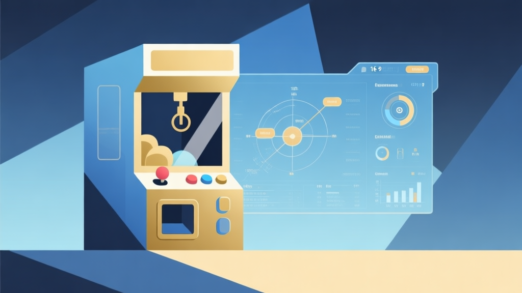 Abstract geometric composition showing a gacha machine merging with a strategic dashboard, soft blues and gold colors, clean lines representing control over randomness, minimalist game UI concept high quality illustration, detailed, 16:9