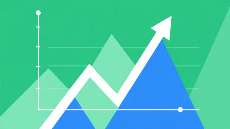 自动生成图片: Upward trending graph with simple geometric elements, green and blue color palette, clean business infographic style, minimal design, representing market growth and seasonal spikes high quality illustration, detailed, 16:9