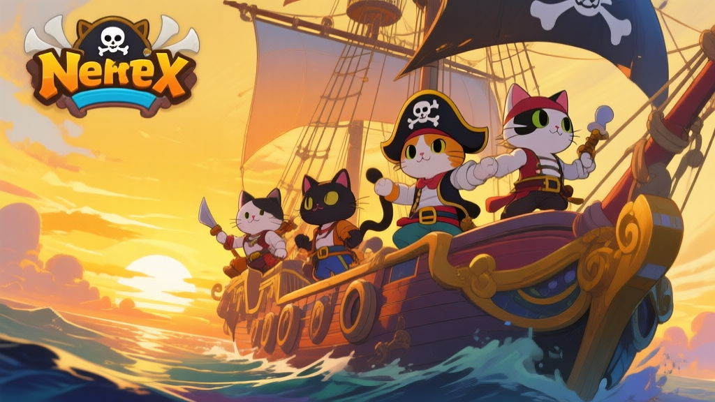 A vibrant, stylized game poster featuring a diverse crew of cat pirate characters (neko pirates) on a fantastical ship sailing under a golden sunset, anime-inspired art style, dynamic composition, rich colors high quality illustration, detailed, 16:9
