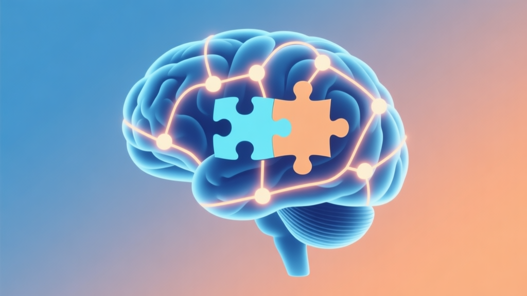Abstract brain network with glowing connections and puzzle pieces fitting into place, soft blue and orange gradient background, minimalist digital art style, concept of cognitive training and mental agility high quality illustration, detailed, 16:9