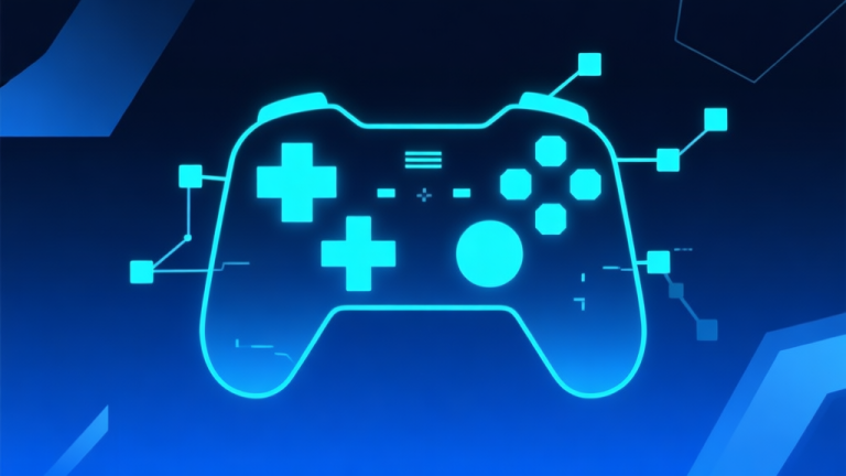 自动生成图片: A dynamic, minimalist game controller interface glowing with digital blocks and connection nodes, set against a dark blue gradient background with abstract geometric shapes, representing innovation and gameplay mechanics high quality illustration, detailed, 16:9