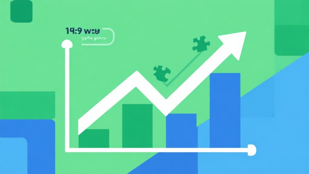 Upward trending graph with simple geometric elements, green and blue color palette, clean business infographic style, minimal design, representing growth of puzzle game genre high quality illustration, detailed, 16:9
