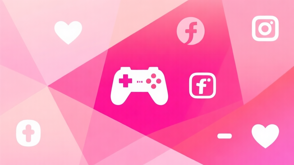 Abstract geometric composition showing a gradient from soft blush pink to vibrant magenta, integrated with minimalist game controller icons and social media symbols, soft pastel colors, modern digital art style high quality illustration, detailed, 16:9