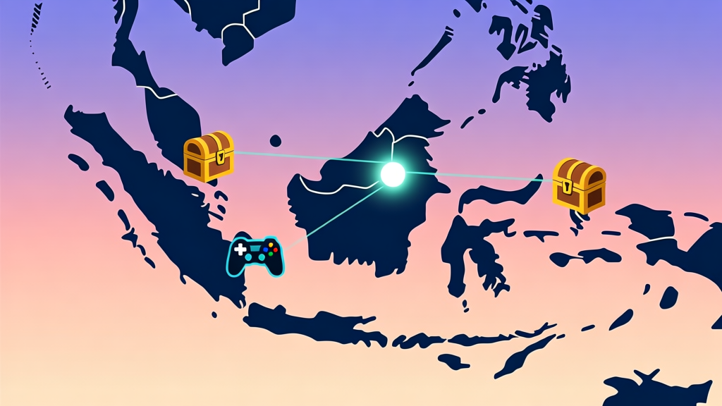 Abstract map of Indonesia with a glowing dot over Jakarta, connected to game controller icons and treasure chests, soft gradient background, modern digital illustration style high quality illustration, detailed, 16:9