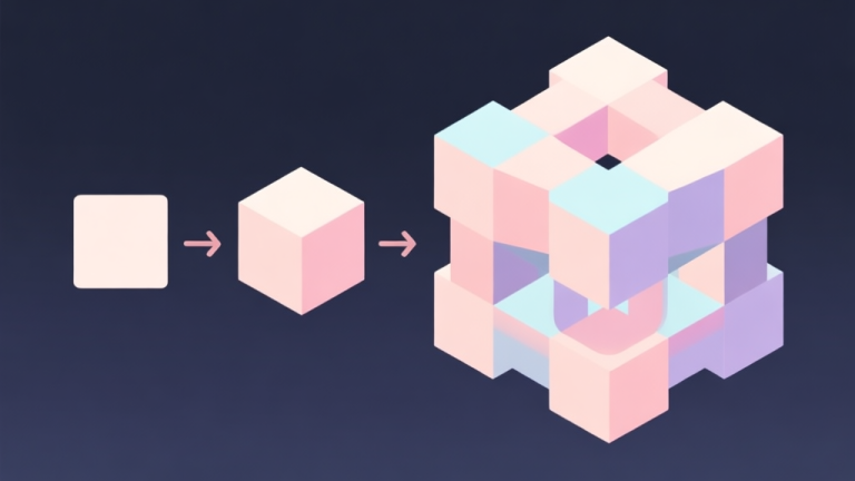 自动生成图片: Abstract geometric composition showing evolution from simple separated squares to complex fused 3D shapes, soft pastel colors, modern minimal style, representing game mechanic innovation high quality illustration, detailed, 16:9