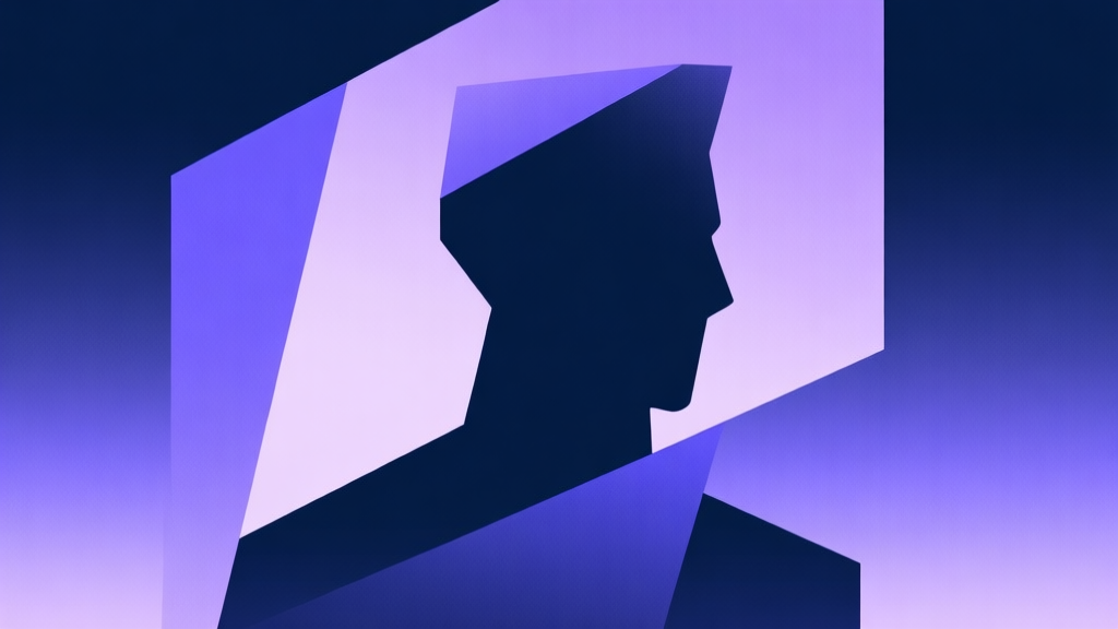 Abstract geometric composition with overlapping shapes forming a mysterious silhouette, soft purple and dark blue gradient background, modern minimal style, professional game analysis concept illustration high quality illustration, detailed, 16:9