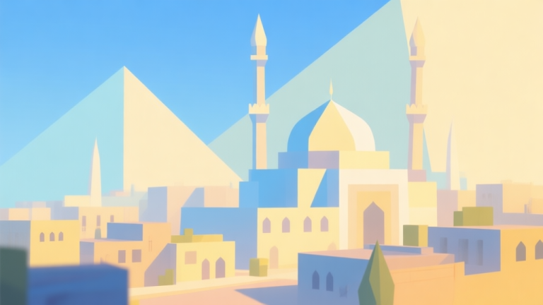 自动生成图片: Abstract geometric composition with overlapping shapes representing a town and a mosque, soft pastel colors like sky blue and warm yellow, modern minimal style, professional game concept illustration high quality illustration, detailed, 16:9