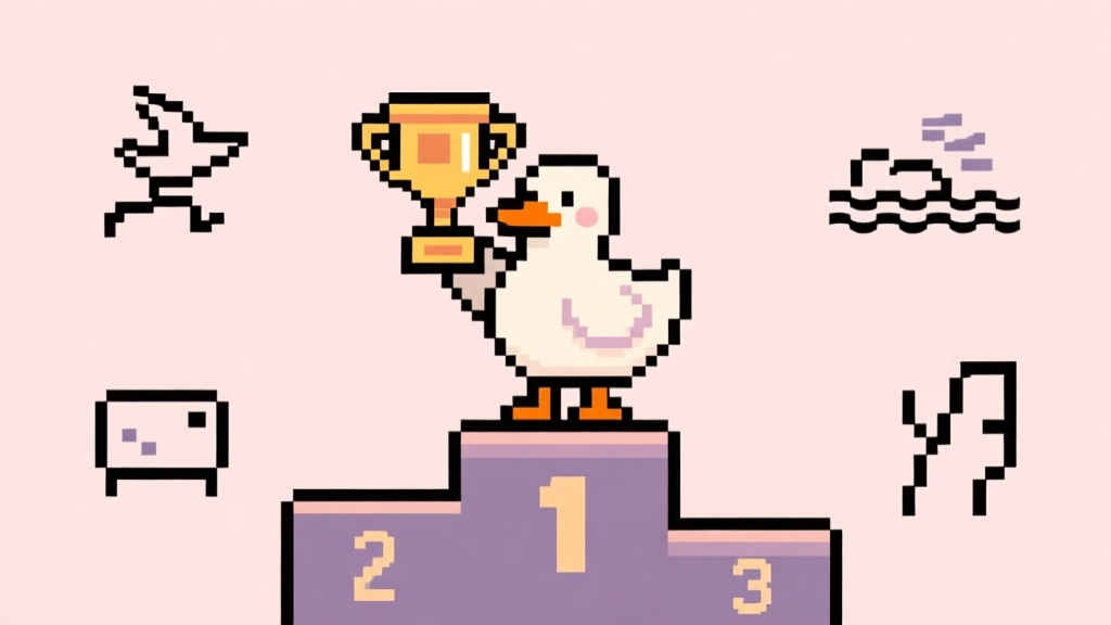 A playful, minimalist illustration of a pixel-art duck standing on a podium with a trophy, surrounded by simple icons representing running, flying, swimming, and climbing. Soft pastel background, clean lines, gaming concept high quality illustration, detailed, 16:9
