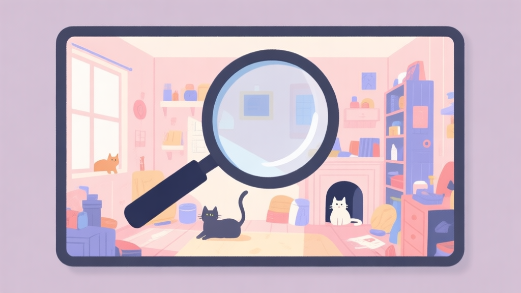 A minimalist, cozy illustration of a magnifying glass hovering over a vibrant, cluttered room scene with subtle hints of hidden cats and objects, soft pastel colors, clean lines, digital art style high quality illustration, detailed, 16:9