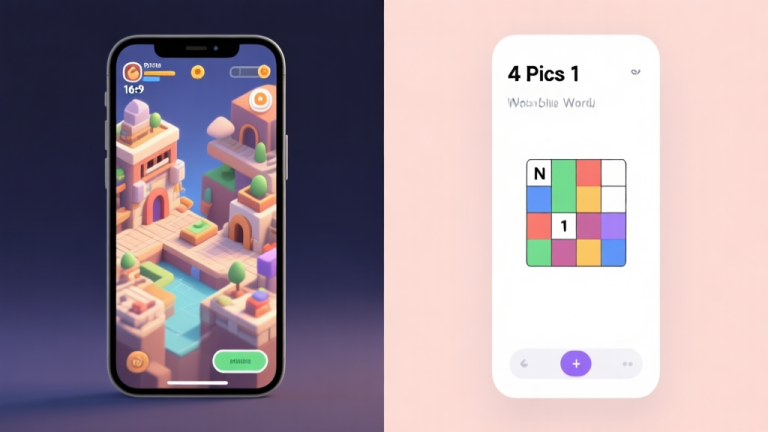 自动生成图片: A split-screen illustration showing a complex 3D mobile game scene on one side and a simple, clean 4 Pics 1 Word puzzle interface on the other, minimalist style, soft contrasting colors high quality illustration, detailed, 16:9