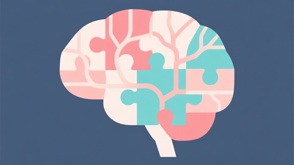 Abstract geometric composition with overlapping shapes representing puzzle pieces and brain neurons, soft pastel colors, modern minimal style, professional cognitive concept illustration high quality illustration, detailed, 16:9