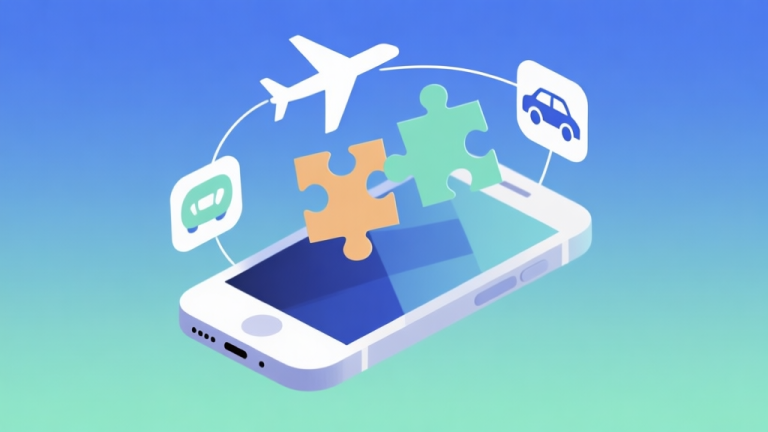自动生成图片: Abstract geometric composition showing a smartphone with puzzle pieces floating above it, connected to icons of a plane and a car, soft gradient background of blue and green, clean minimal design, representing mobile entertainment during travel high quality illustration, detailed, 16:9