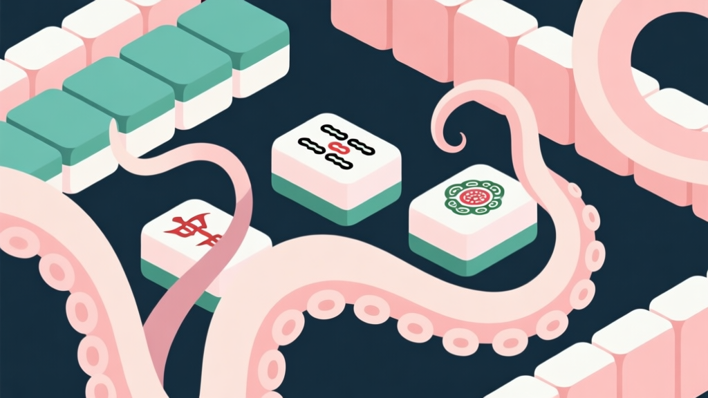 Abstract geometric composition with overlapping Mahjong tiles and tentacle-like shapes, soft pastel colors, modern minimal style, professional game concept illustration high quality illustration, detailed, 16:9