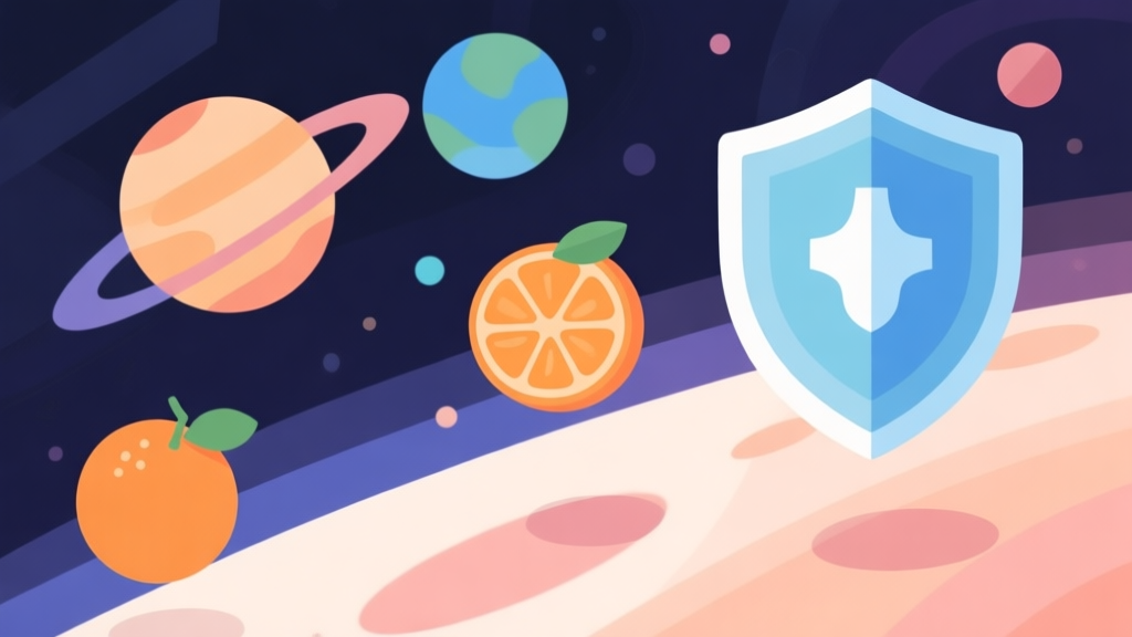 Abstract geometric composition with planets, oranges, and protective shields floating in space, soft cosmic colors, clean flat design, puzzle game concept illustration high quality illustration, detailed, 16:9