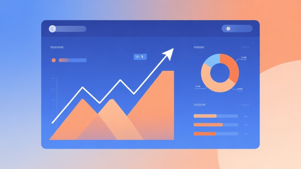 Minimalist business dashboard with abstract data visualization showing upward trend lines and pie charts, soft gradient background of blue and orange, professional color scheme, clean geometric shapes, flat design style high quality illustration, detailed, 16:9