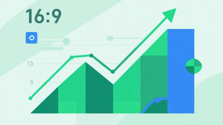 自动生成图片: Upward trending graph with simple geometric elements, green and blue color palette, clean business infographic style, minimal design, representing growth trends in gaming high quality illustration, detailed, 16:9
