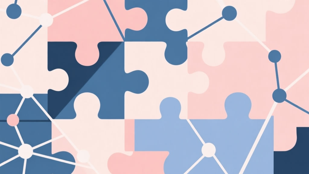 Abstract geometric composition with overlapping puzzle pieces and network nodes, soft pastel colors, modern minimal style, professional digital trend illustration high quality illustration, detailed, 16:9