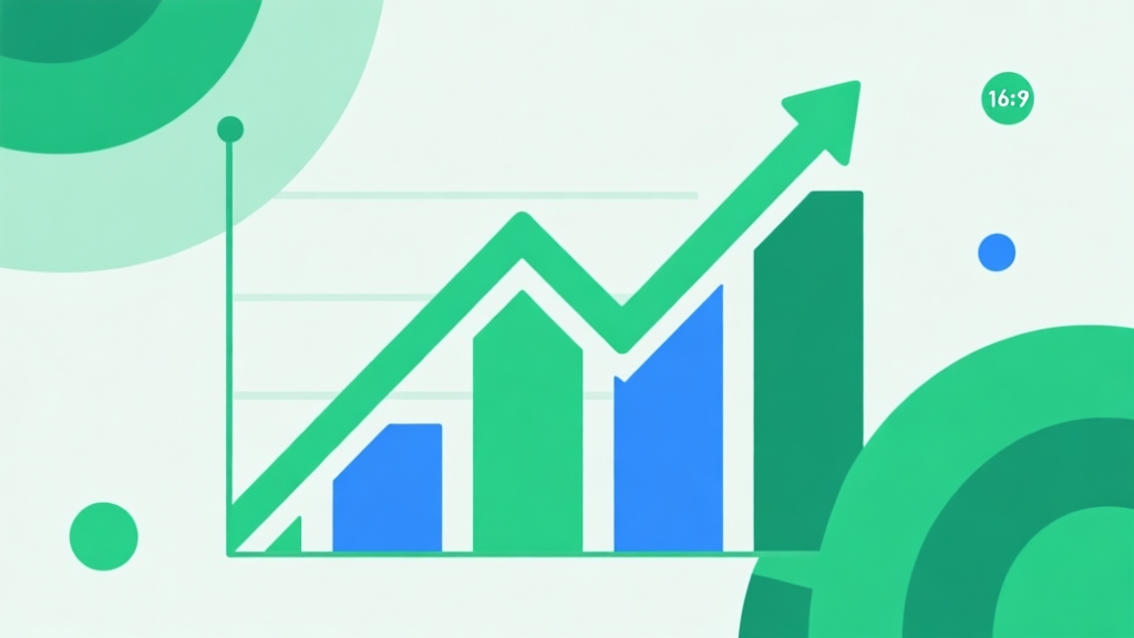 Upward trending graph with simple geometric elements, green and blue color palette, clean business infographic style, minimal design, representing market growth high quality illustration, detailed, 16:9