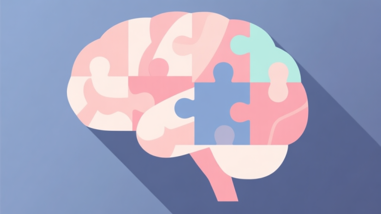 自动生成图片: Abstract geometric composition with overlapping puzzle pieces and brain shapes, soft pastel colors, modern minimal style, professional concept of mental exercise and gaming high quality illustration, detailed, 16:9